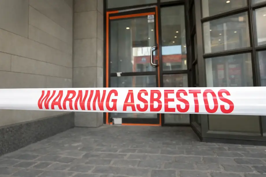 Asbestos warning sign posted at commercial building entrance in Rhode Island